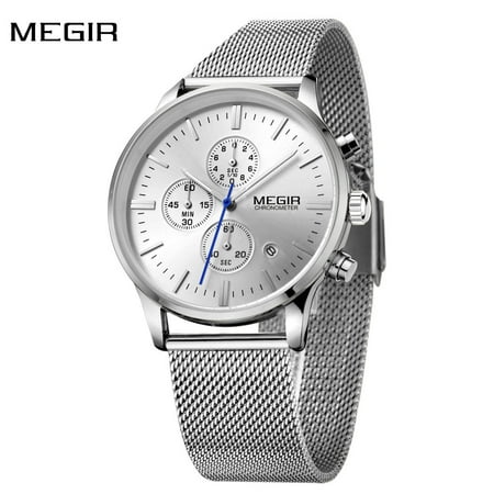 100m Subdials Bracelet - MEGIR High-end Steel Mesh Watchband Business Man Wristwatch Excellent Quartz Watch With Calendar and Sub-dial