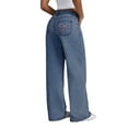 thumbnail image 3 of Women's Wide Leg Floor Length Jeans, Bow Embroidery High Elastic Waist Slimming Denim Pants, Baggy Casual Dragging Trousers for Night Out, Yoga and Beach Occasions Light Blue L, 3 of 10
