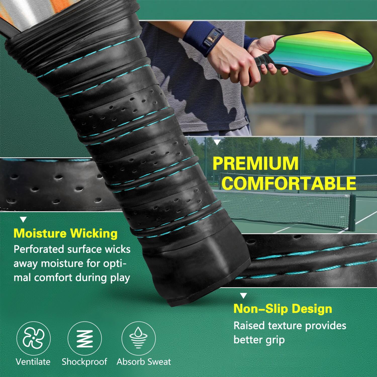 Pickleball Paddles Set Of 1, Fiberglass Surface, Vibrant Rainbow Print, 1 Paddle, 2 Balls & Bag