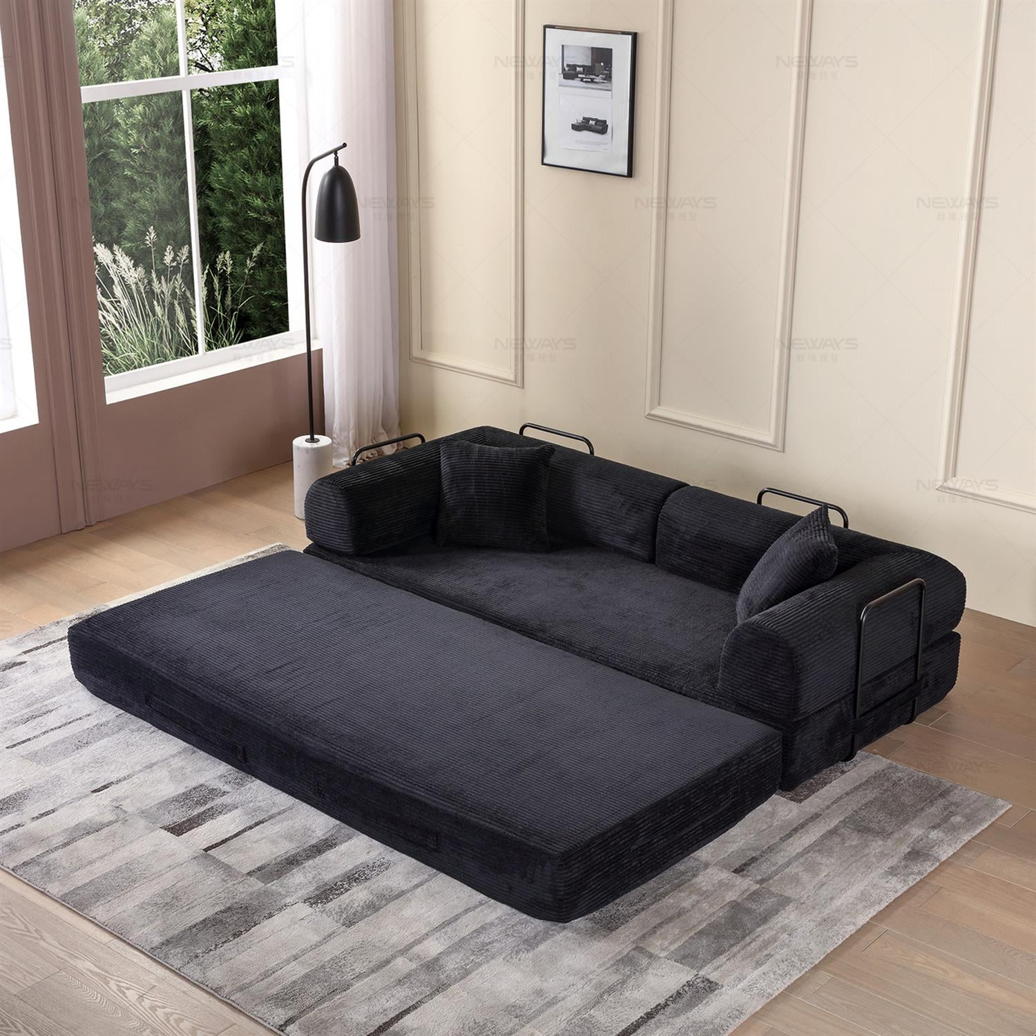 Demi Bonn 77" Convertible Sleeper Sofa Bed, Corduroy Foldable Mattress Couch with Cylindrical Pillow & Fixed Frame for Living Room, Bedroom, Black