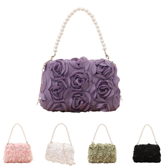 Classic Lace 3D Rose Evening Clutch for Women, Detachable Metal Chain Shoulder Crossbody Formal Purse for Bridal Wedding Guest Prom Cocktail,Purple