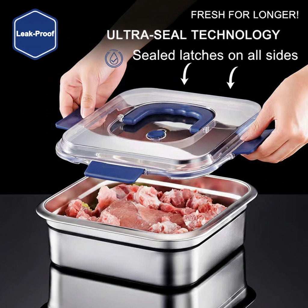 Yakimoto Stainless Steel Food Storage Container Set with Blue Airtight Lids, Silver, 1800ml 60oz, Set of 4
