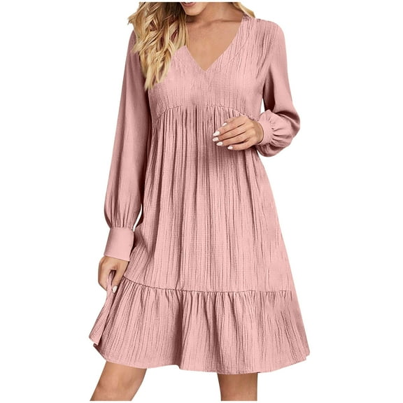 Wdfiry Women's Dress Solid Color Puff Long Sleeve V Neck Pleated Dress Casual Ruffled Trim Mini Dresses