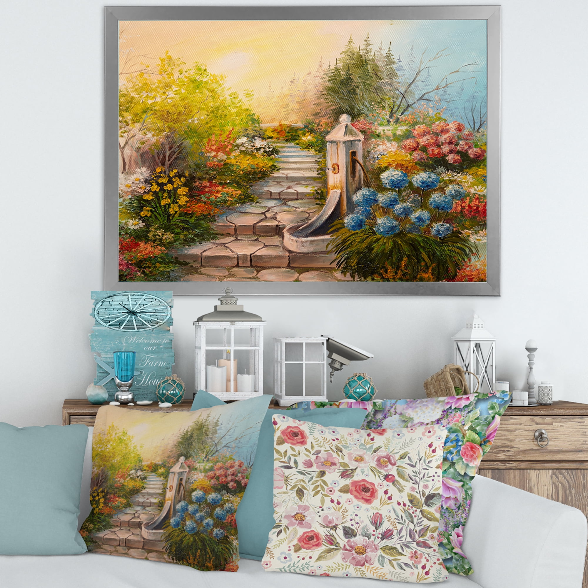Designart 'Stone Stairs In The Blossoming Flowers Forest' Traditional Framed Art Print