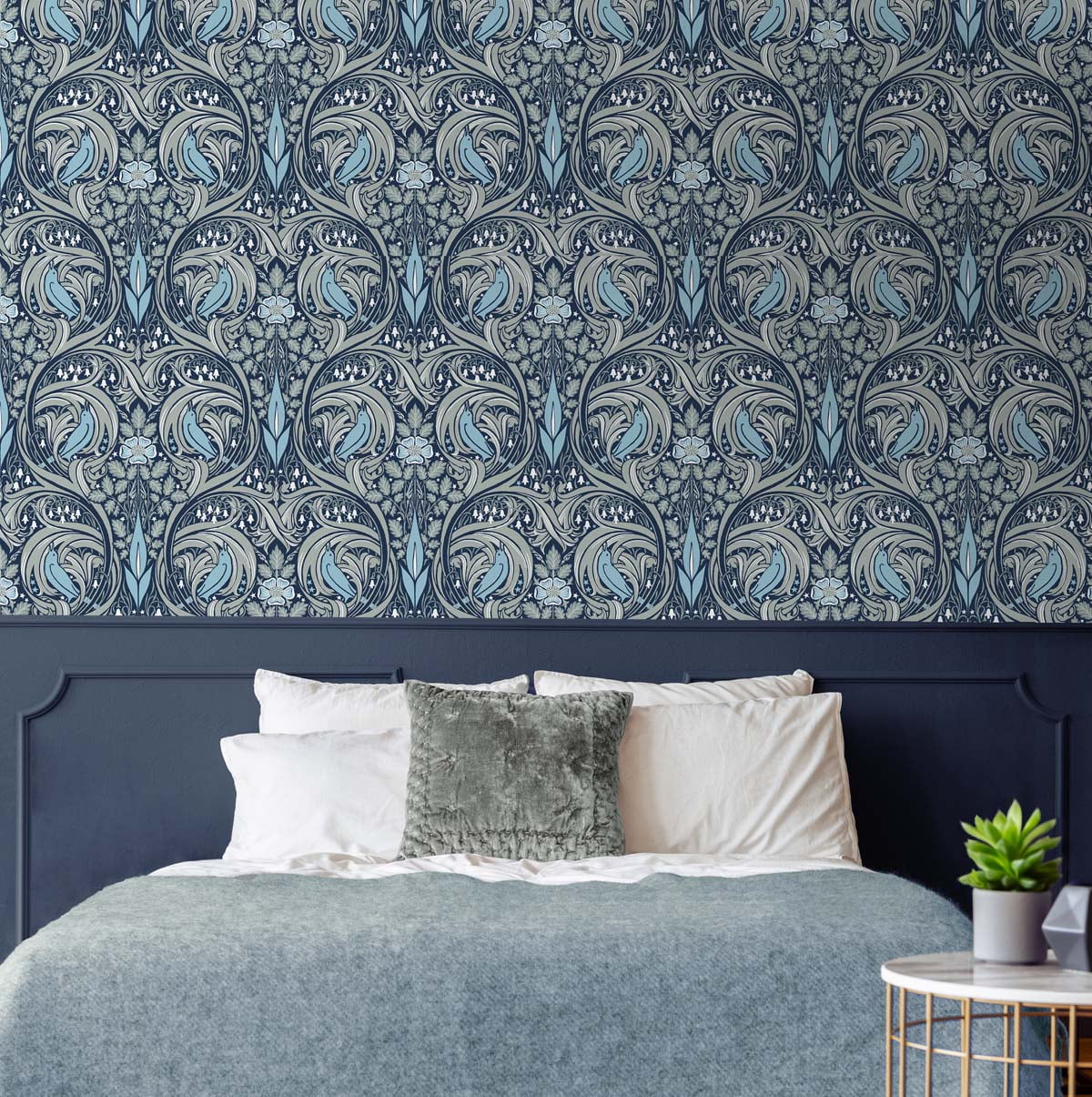 NextWall  Bird Ogee Peel and Stick Wallpaper 20.5 in. W x 18 ft. L - Navy & Sky Blue