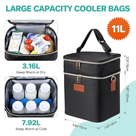 Breastmilk Cooler Bag Insulated with Ice Pack, Holds 6 Bottles Up to 9 Ounce, Waterproof Leak-Proof Double Layer Bottle Tote with Strap for Nursing & Working Moms Black