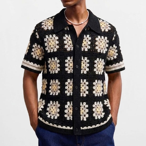 Ceisia Men's Summer Granny Square Patchwork Open Knit Short Sleeve Button Down Cardigan Multicolor L Gifts