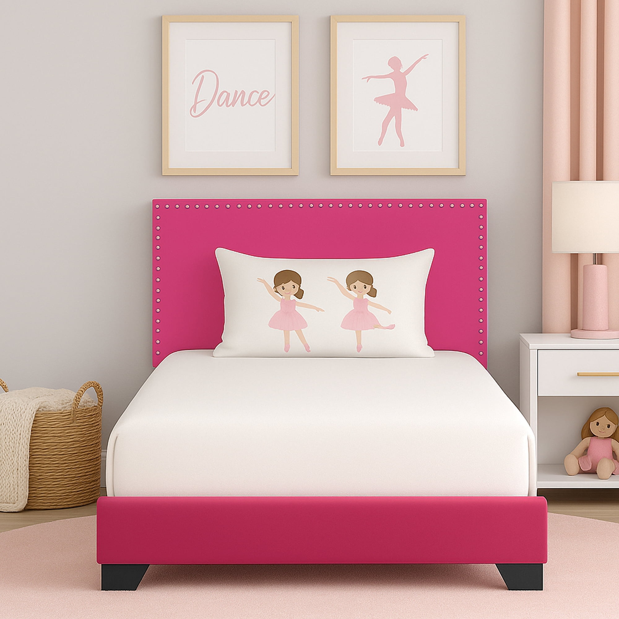 Skylar Nailhead Trim Upholstered Twin Platform Bed, Pink