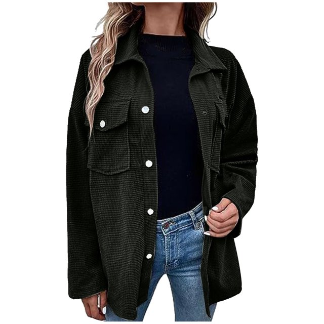 Yuyuzo Womens Fall Shirts Long Sleeve Turndown Collar Button down Coats with Pockets Solid Color Shirts