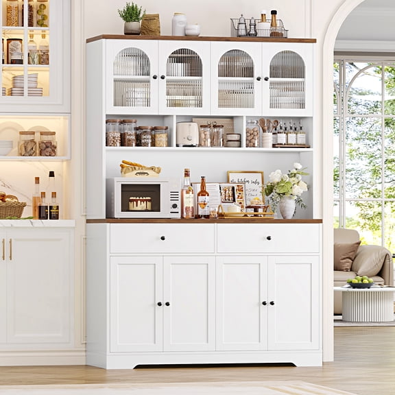 Hiphuta 71" Tall Pantry Cabinet with Arched Doors, 47" Wide Kitchen Storage Cabinet with Microwave Stand & Charging Station, Hutch Cupboard for Kitchen Dining Room, White