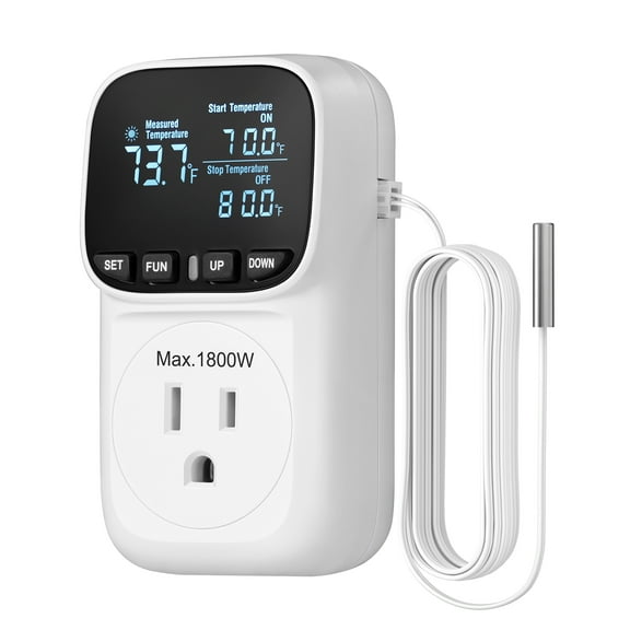 DEWENWILS Digital Temperature Controller, Heavy Duty 15A/1800W Thermostat Outlet Plug, VA Display Heating Cooling Control Timer, -40℉~210℉