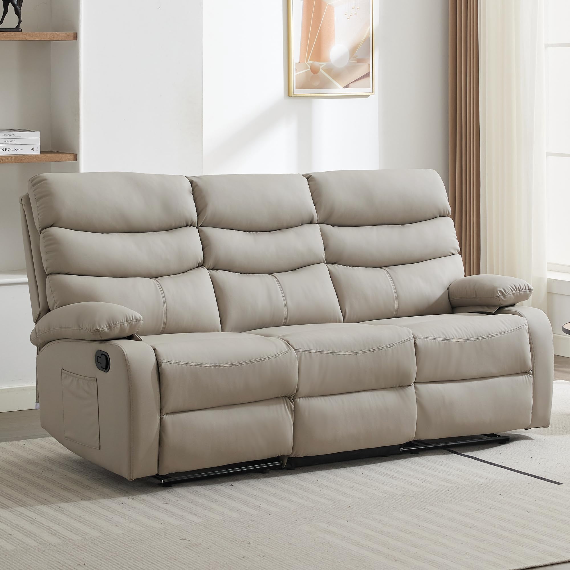 Beige 3-Seater Loveseat Recliner Sofa, Small Sofa Couch, PU Leather Reclining Sofa 3-Seater Manual Double Seater Recliner with Side Pockets