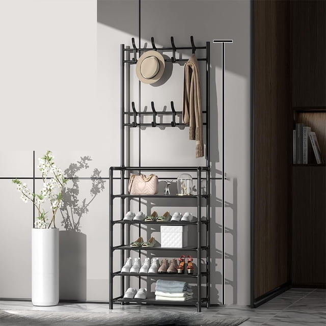Yazoeia Coat and Shoe Rack Entryway, Coat Rack with Shoe Storage, Metal Standing Coat Rack with Shelf, Hall Tree with Shoe Storage, Coat Racks Free Standing for Clothes Shoe Hat Bag(60cm 5