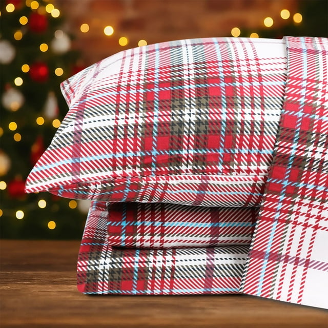 Hitime Full Size 4-Piece Christmas Sheet Set - Ultra Soft & Breathable Polyester Bed Sheets, All Season Cooling Bedding with Deep Pockets, Wrinkle & Fade Resistant (Christmas Plaid)