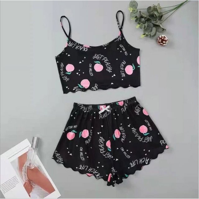 Conjunto de Pijama corto con estampado de dibujos animados para mujer, ropa de dormir de manga corta con cuello en V y pantalones cortos, Verano