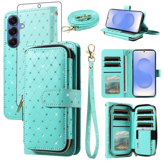 Asuwish Wallet Phone Case for Samsung Galaxy S25 FE 5G Tempered Glass Screen Protector Bling Glitter Crossbody Lanyard Strap Flip Zipper Purse Card Holder Cell Cover S 25 EF S25FE 25S Women Men Green