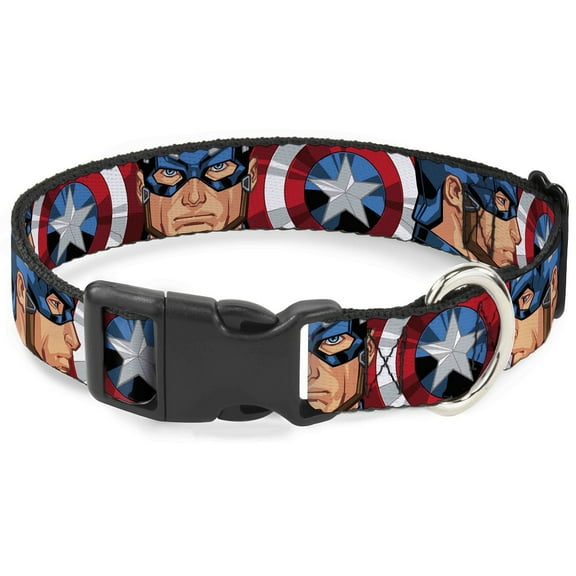 Marvel Comics Pet Collar, Dog Collar Plastic Buckle, Captain America Face Turns Shield Close Up, 7 to 8.5 Inches 0.5 Inch Wide