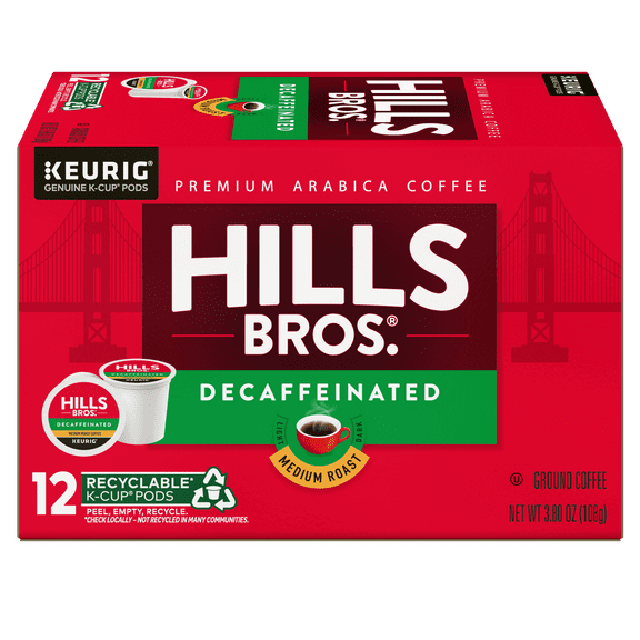 Hills Bros. 100% Arabica Decaffeinated Medium Roast K-Cup® Coffee Pods, 12-Count Box