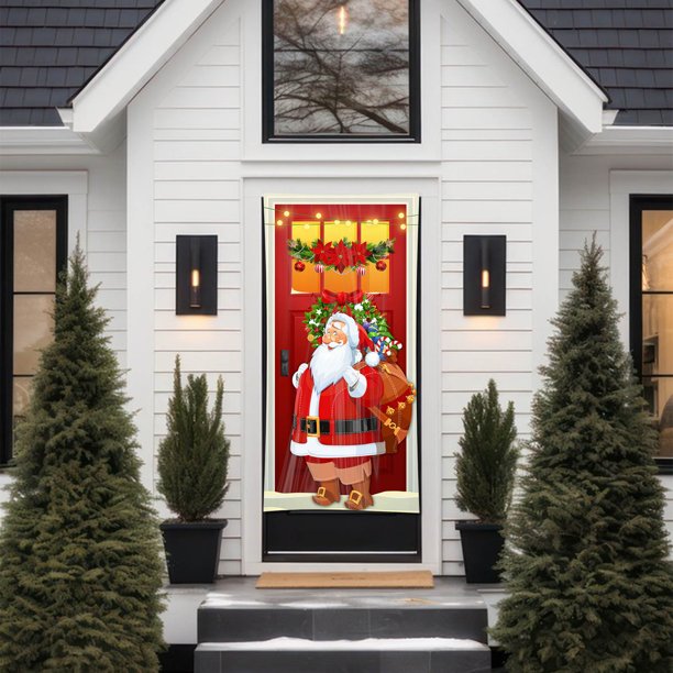 Uuiauoio Santa Claus Door Cover Christmas Front Door Decorations Xmas Xmas Door Hanging Banner Santa Claus Background for Front Door Home Holiday Winter Christmas Decor