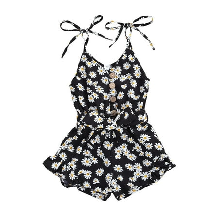 

Frobukio Baby Girl Summer Romper V-neck Button Bowknot Belt Princess Jumpsuit