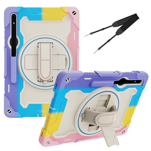 XYX 3in1 Rotating Stand Case for Samsung Galaxy Tab S7/Tab S8 11.0 inch with Hand/Shoulder Strap, Shockproof Rugged, Colorful Pink