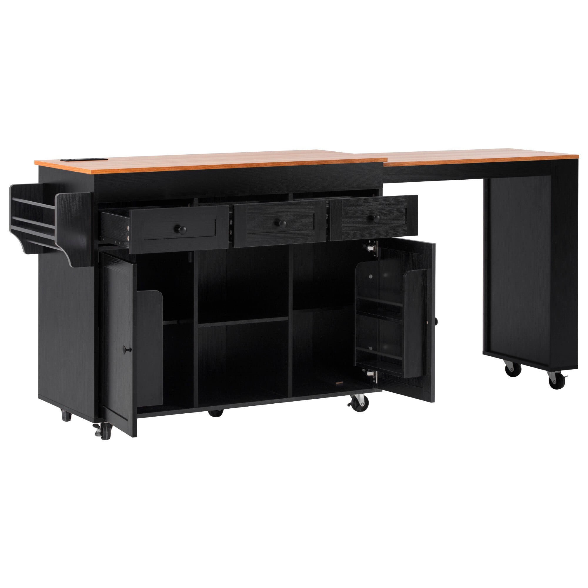 AENKYO 85.5" Kitchen Island with Extendable Table, Charging Station, Mobile Serving Cart with Storage Shelves, Black