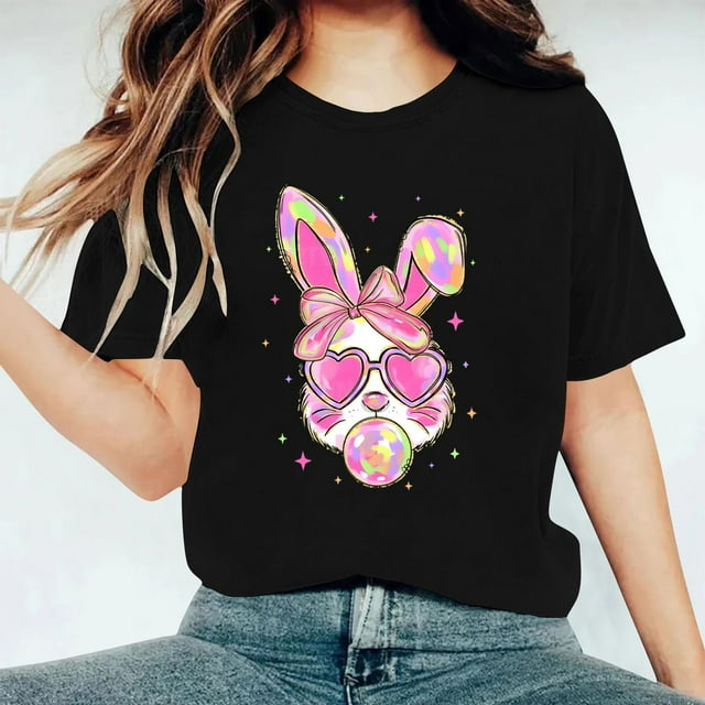 Amzcrzy Hauts d'Été pour Femmes T-shirt à Manches Courtes pour Femmes avec Lettres Imprimées de Pâques T-shirt à Manches Courtes Col Rond T-Shirts pour Femmes Hauts à Manches Courtes pour Femme