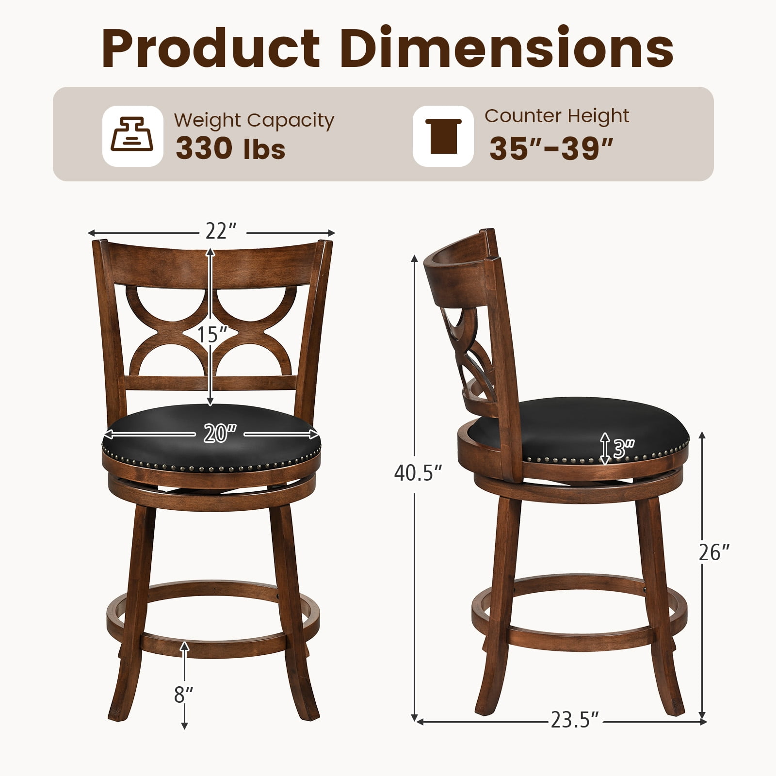 Gymax 26'' Counter Height Bar Stools Set of 4 w/Rubber Wood Frame Upholstered Seat