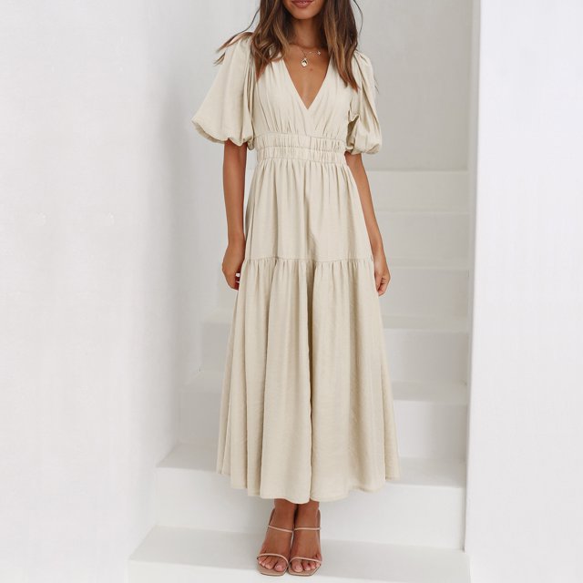 Vestido ajustado con mangas abullonadas Vintage para mujer Vestido largo sexy Color sólido Traje diario FLhrweasw Nuevo