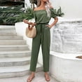thumbnail image 4 of Womens Casual Off Shoulder Jumpsuits Short Sleeve Tie Waisted Straight Leg Long Pants Outfits Onesie Rompers Playsuits, 4 of 7