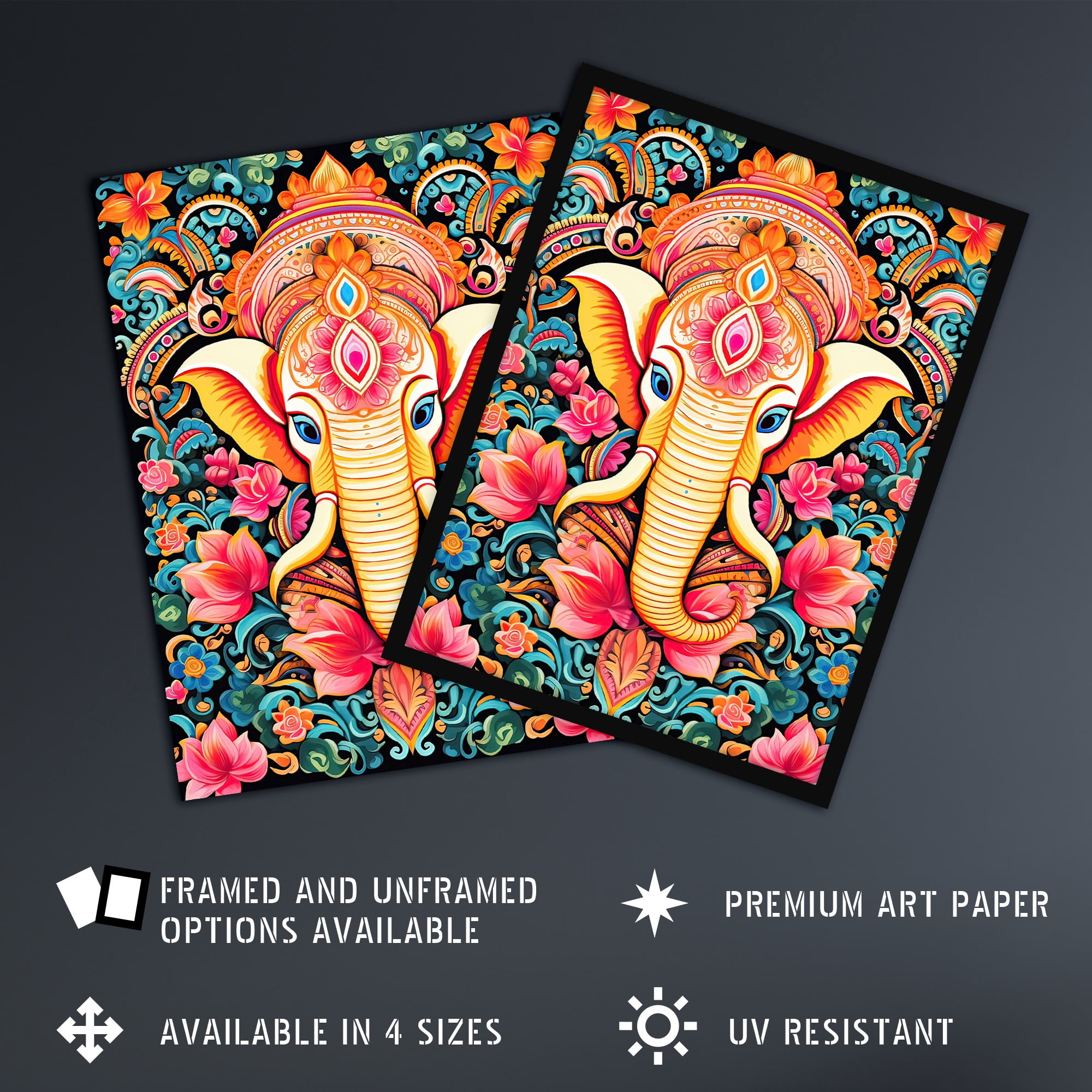 Hindu Floral Pattern with Elephant Vibrant Painting Orange Pink