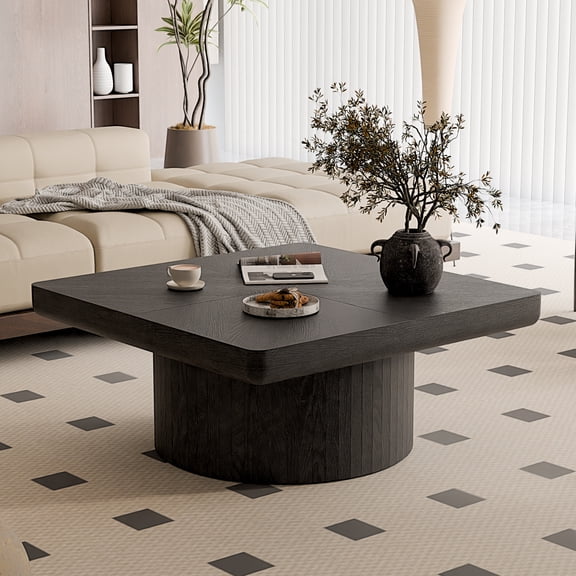 34.6'' Square Coffee Table, Modern Wood Veneer Top with Parquet Pattern & Cylindrical Base (Black) for Living Room