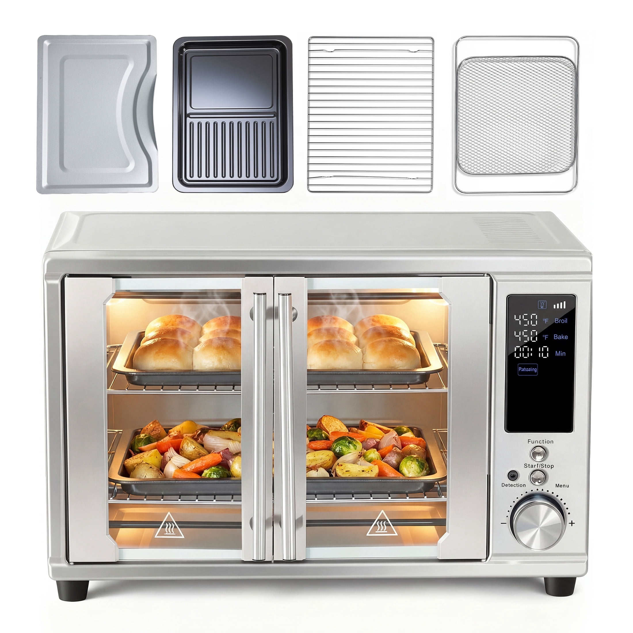 EDX 28L Silver Double-Door Air Fryer Oven, 4-in-1 Functions, 120V, 0-60min Timer, Free Tray & Rack & Tongs, Household Kitchen Use