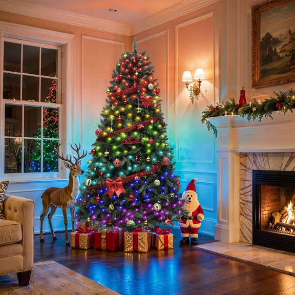 Uforic 7.5ft Pre-lit Spruce Hinged Artificial Christmas Tree with 1800 Tips & 400 LED Lights, Remote Control, Green