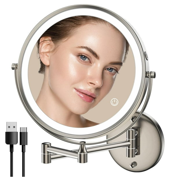 Espejo de maquillaje Rocollos para montaje en pared, 9 pulgadas, LED, aumento 1X/10X