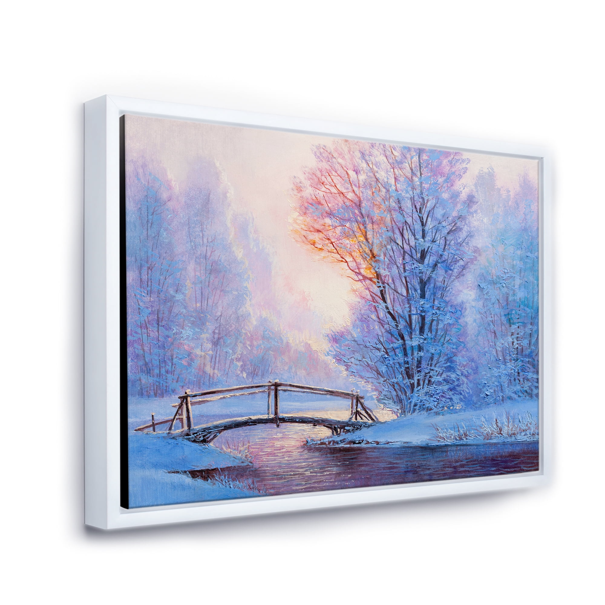 Winter Landscape With A Bridge and A River 20 in x 12 in Framed Painting Canvas Art Print, by Designart