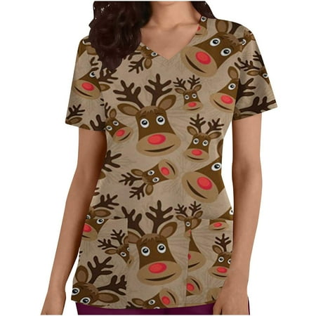 

JWZUY Women s Working Christmas Uniform Tops with 2 Pockets V-Neck Short Sleeve Printed Tunic Working Uniform Loose Career Shirts Scrubs Tops with Pockets (Khaki L)