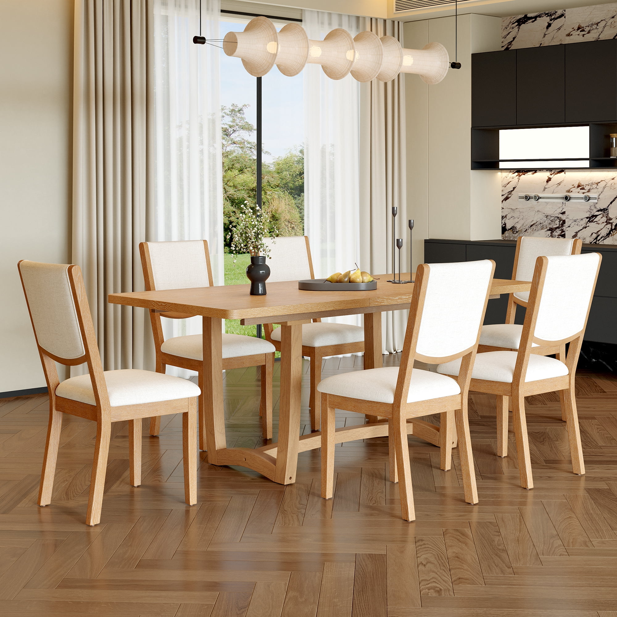 7-Piece Dining Table Set for 6, 60"-78" Rectangular Extendable Table with 6 Upholstered Chairs