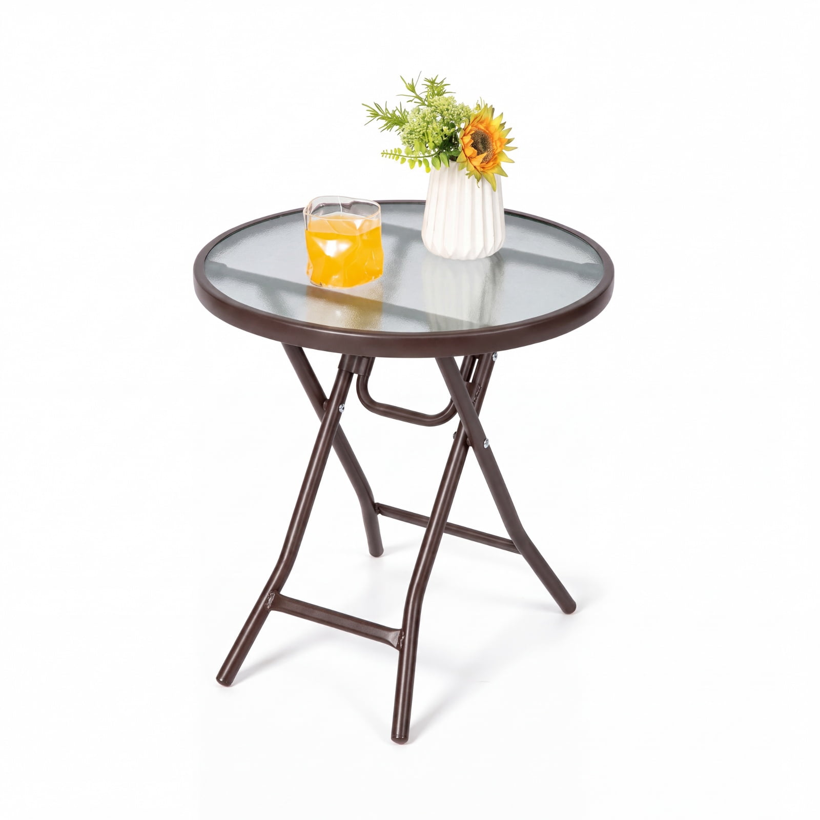 Furnibear Folding Patio Side Table with Tempered Glass Tabletop and Steel X Frame for Backyard Garden Poolside and Balcony, Black