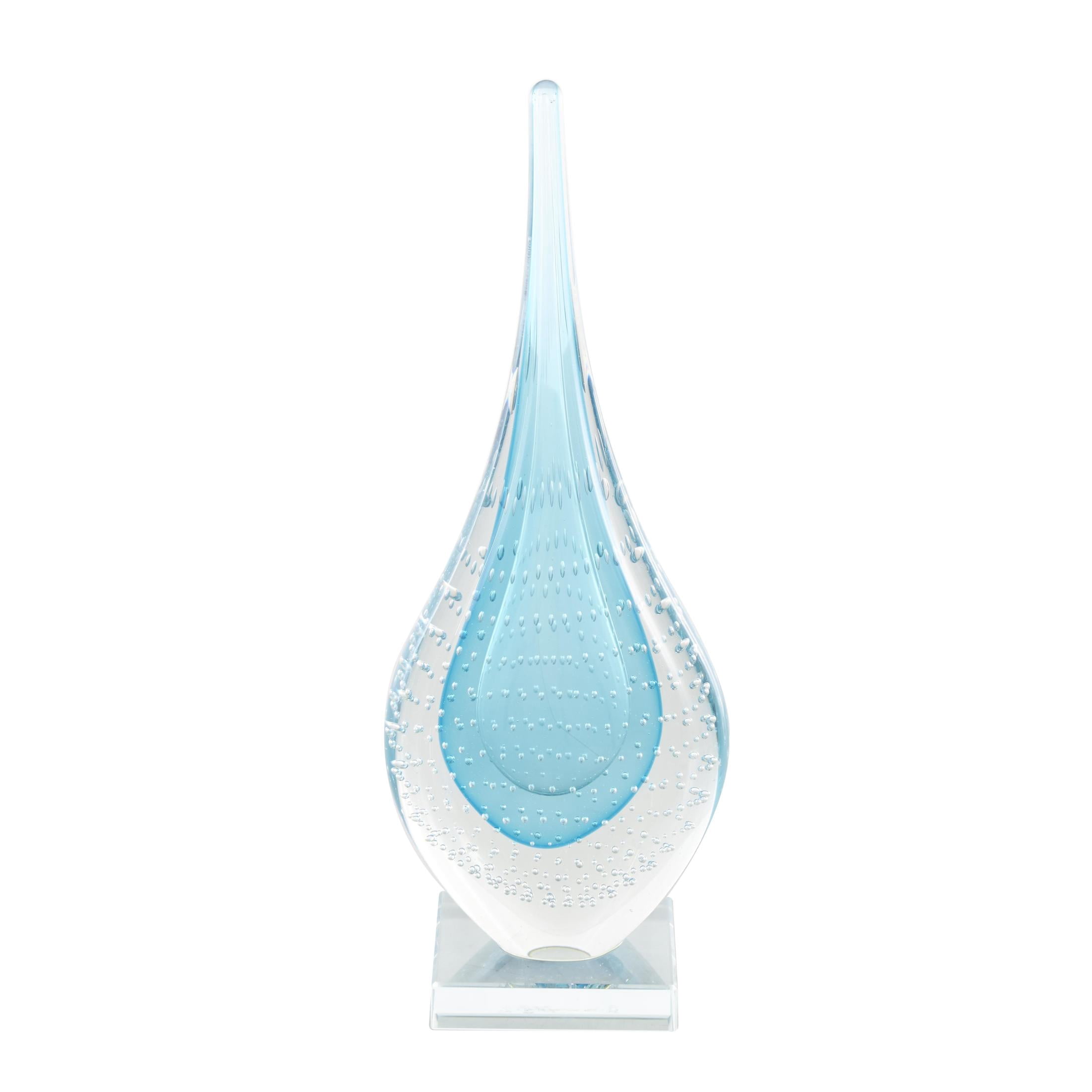 5" x 13" Blue Glass Teardrop Abstract Sculpture with Clear Bubble Droplets, by DecMode