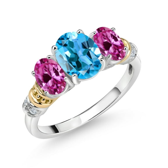 Gem Stone King 925 Sterling Silver and 10K Yellow Gold Oval Swiss Blue Topaz Pink Created Sapphire and White Diamond 3 Stone Ring for Women (2.53 Cttw, Gemstone November Birthstone, Size 8)
