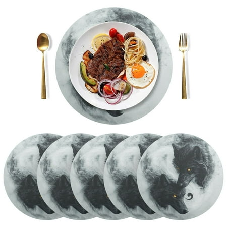 

Qxltty 15inch Round Placemats Set of 6 Polyester Fabric Heat Resistant Washable Table Mat for Kitchen Party Decor Watercolor Style Black Wolf