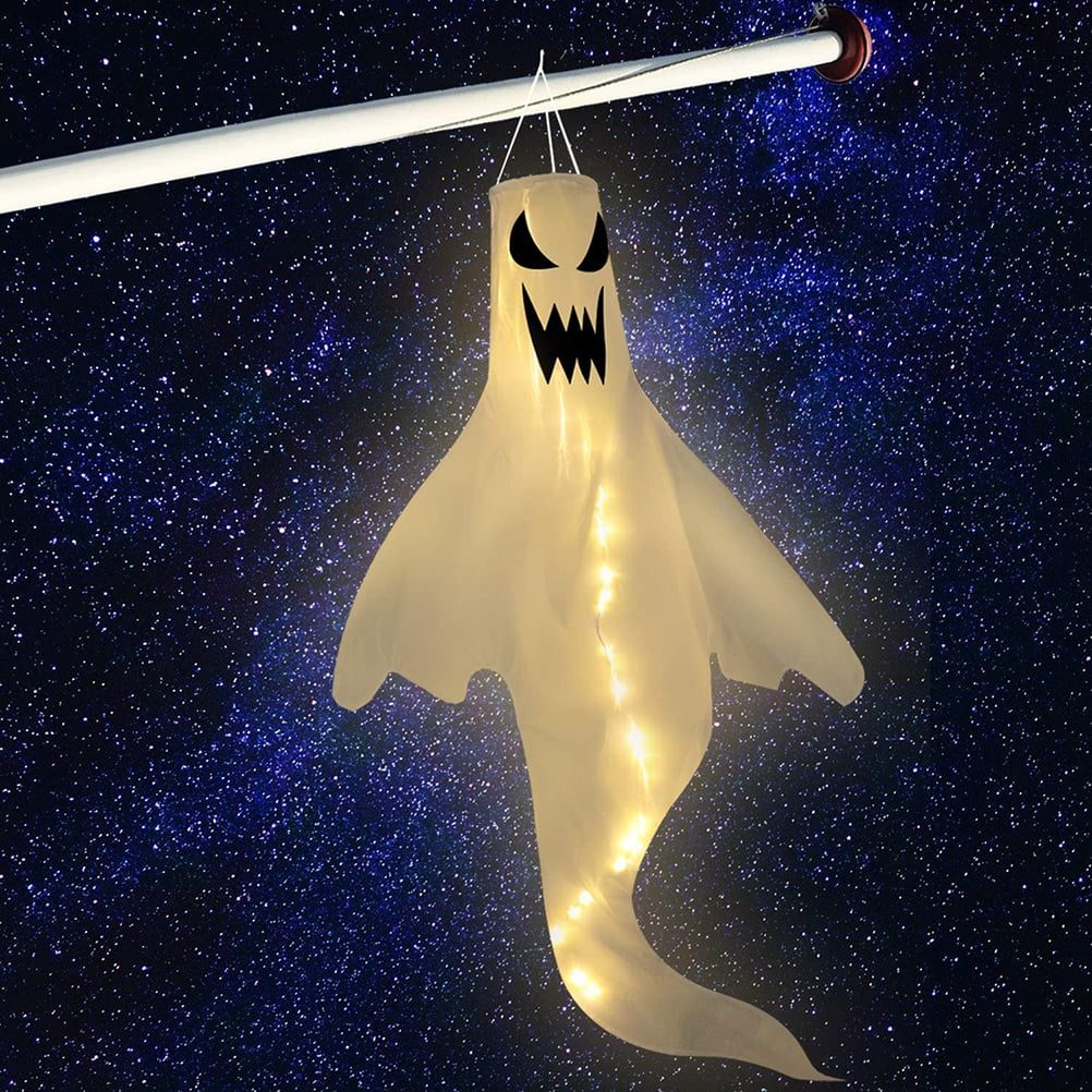 Ourine 1 pcs Halloween Ghost Wind Flag with LED Lights Hanging Decoration Halloween Windsock for Patio Lawn Party Decor