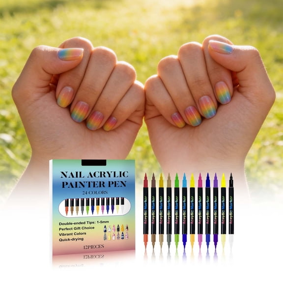 12 Pcs Double Headed Nail Art Pens Set, Quick-Drying Nail Art Markers, Nail Polish Pens for Nail Art, Acrylic Nail Art Pens for Painting Nails, Point Graffiti Dotting Liner Pen