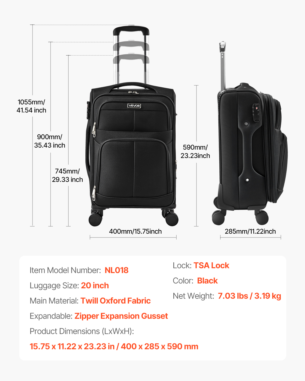 VEVOR Softside Expandable Luggage with Spinner Wheels, 20-Inch Softside Carry on Luggage, Lightweight Checked Suitcase with Expandable Zippered Pocket and TSA Lock, Black