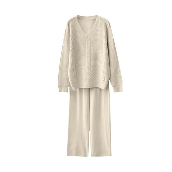 AINIYS Womens' Fall Winter Casual V Neck Sweater Knitted Loungewear 2 Piece Outfits Waist Loose Wide Leg Pants Set Beige Free Size