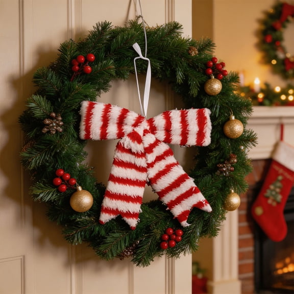 Red and White Striped Christmas Pendant Decoration, Soft Fabric Hanging Bow Ornament for Window Door, Festive Christmas Decor for Tree Mantel and Holiday Display