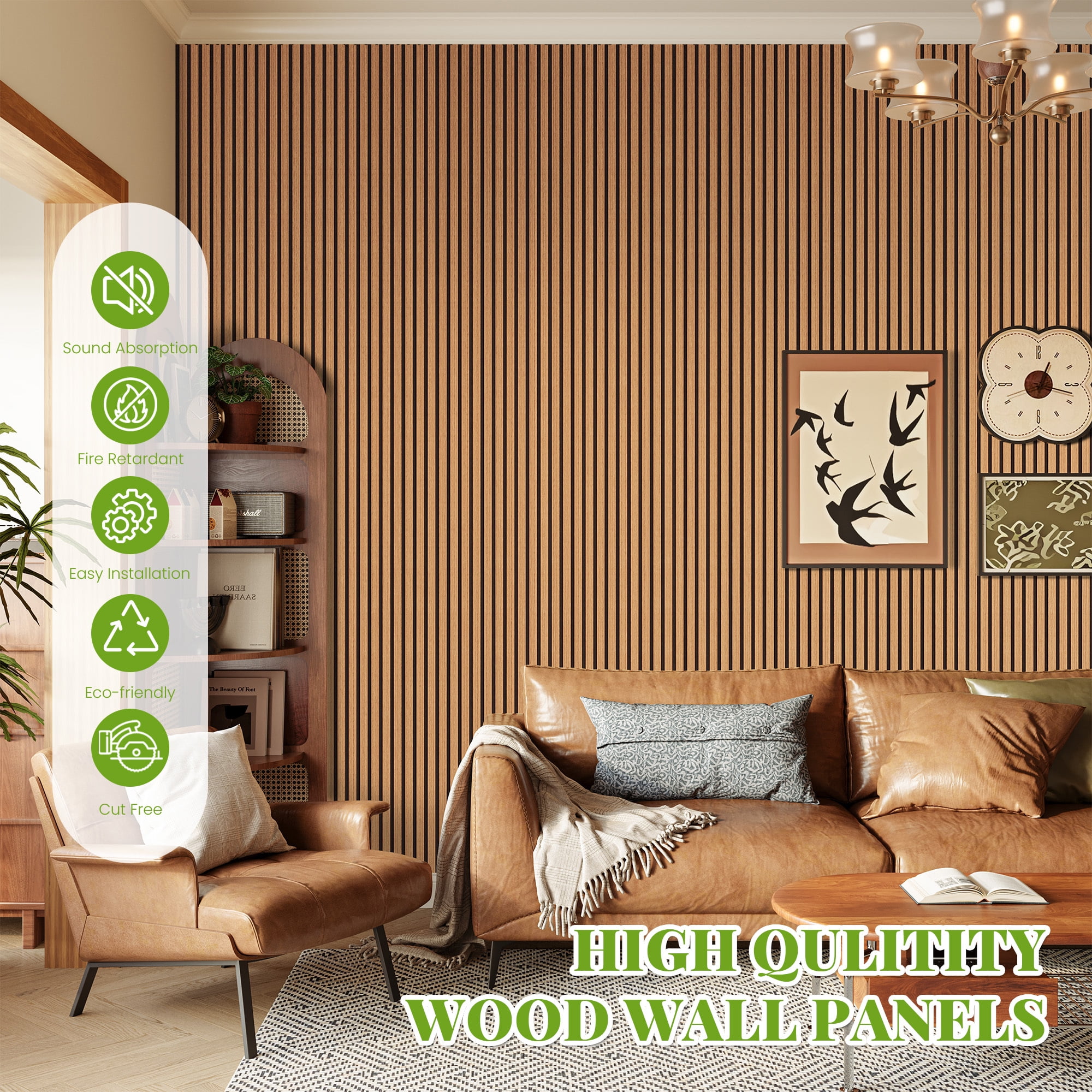 Easy4Home 2Pcs 94.5"x23.6" Wood Slat Acoustic Wall Panels, 3D Fluted Soundproof Decorative Panels for Interior Walls, Light Brown