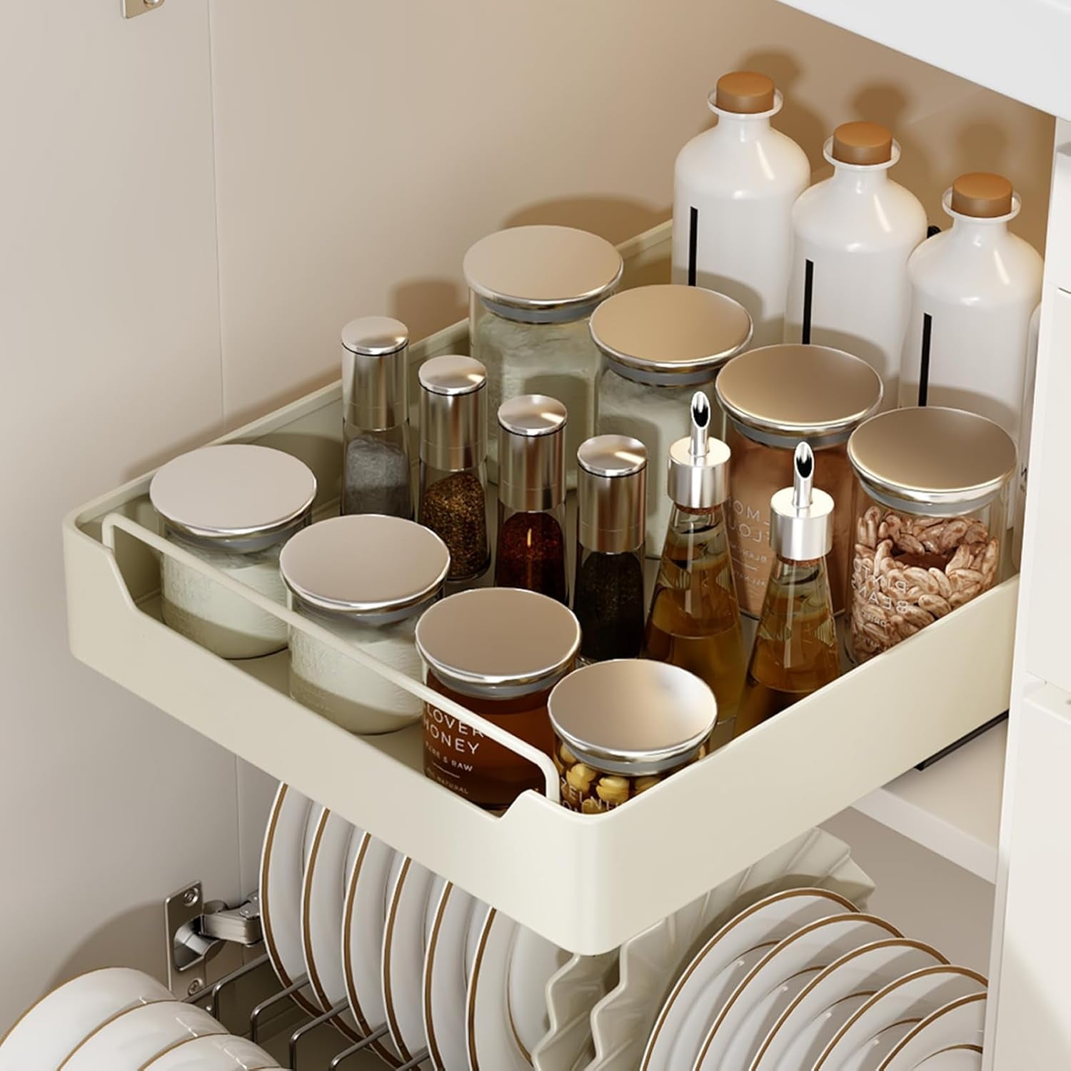 Pull Out Cabinet Organizer Fixed With Adhesive Film, Heavy Duty Slide Out Drawers for Kitchen Cabinets, Roll Out Shelf Rack for Home Bathroom Pantry Base Organization