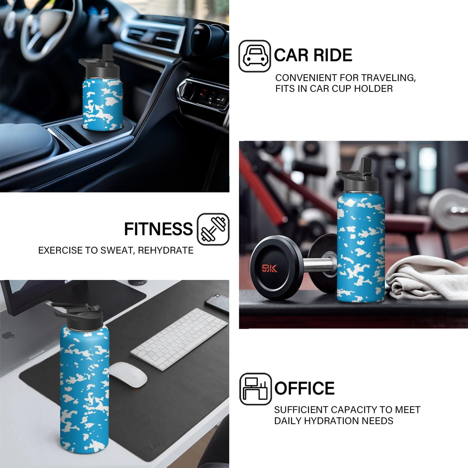 Camouflage Insulated Stainless Steel Water Bottle with Straw & Cleaning Brush – 18/32/40 Oz | Leakproof, BPA-Free, 304 Stainless Steel, Wide Mouth, Travel Mug for Car, Gym, Office